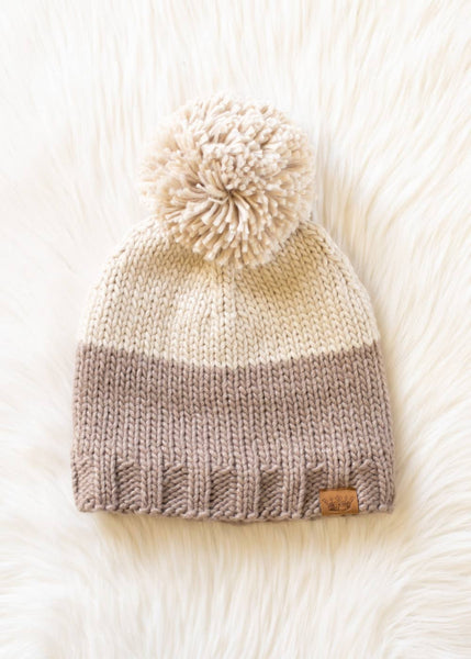 Beige & Taupe Color Block Pom Hat