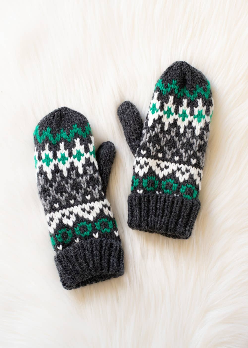 Green, Dark Gray, White & Green Winter Pattern Mittens