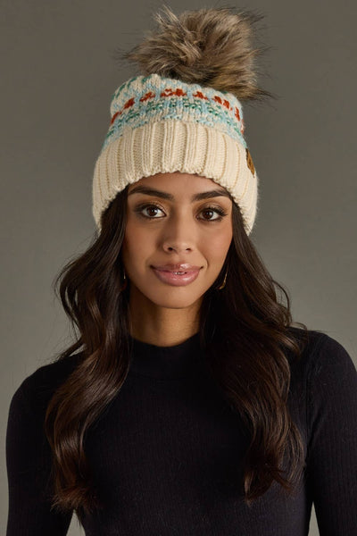 Ivory, Lt. Blue, Mint & Orange Patterned Pom Hat