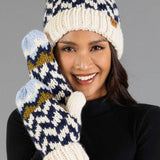 Beige, Navy & Lt. Blue Patterned Pom Hat