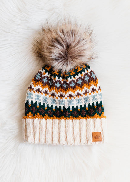 Cream & Multicolored Patterned Pom Hat