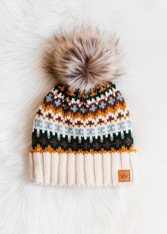 Cream & Multicolored Patterned Pom Hat