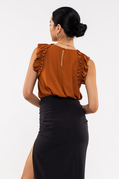 the Brianna - Rust Ruffle neck sleeveless top