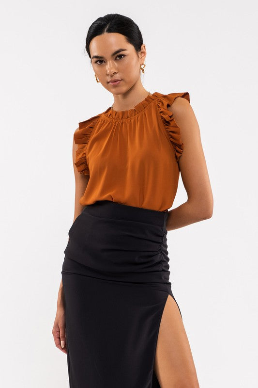 the Brianna - Rust Ruffle neck sleeveless top