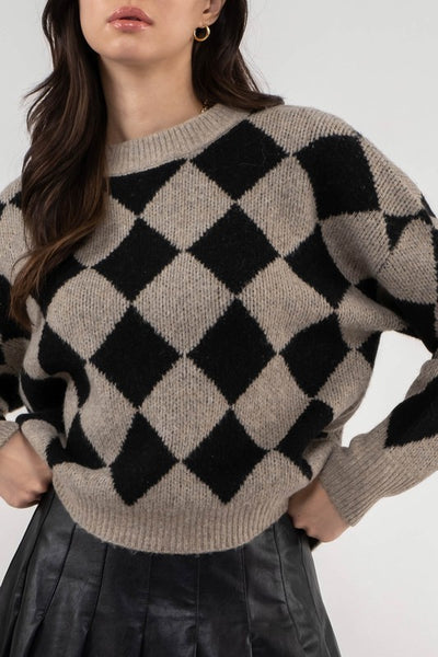 the Cornelia harlequin crewneck sweater