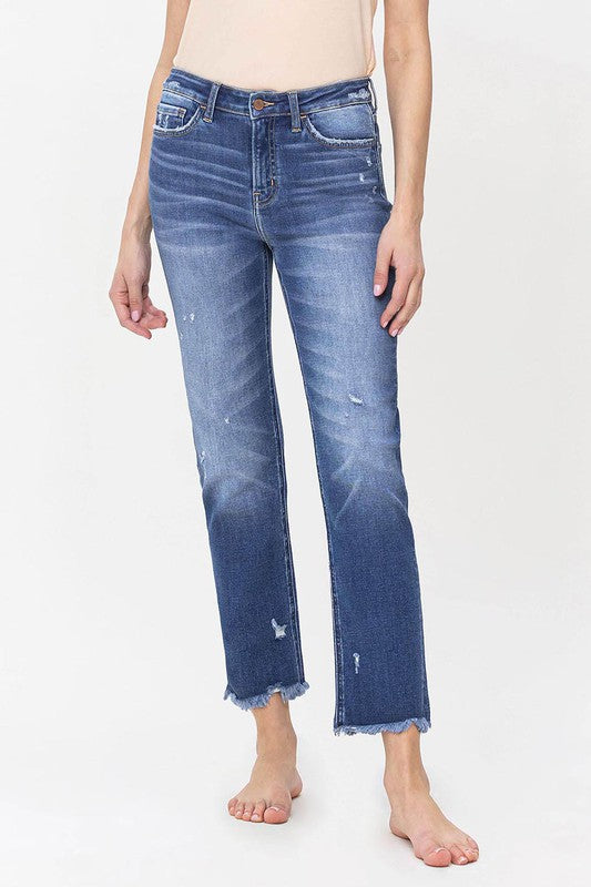 High Rise Slim Straight Jean with raw hem detail - Flying Monkey