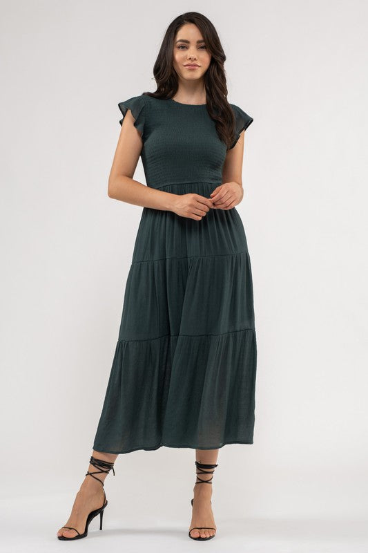 the Lexi - Hunter Green Smocked Tiered Midi Dress