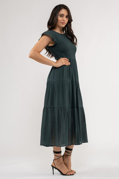 the Lexi - Hunter Green Smocked Tiered Midi Dress
