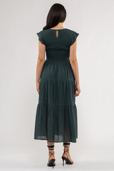 the Lexi - Hunter Green Smocked Tiered Midi Dress