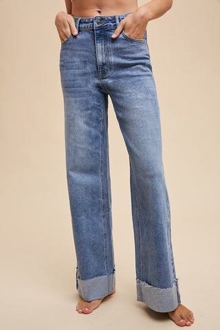 Cuffed Hem High Rise Straight Jeans