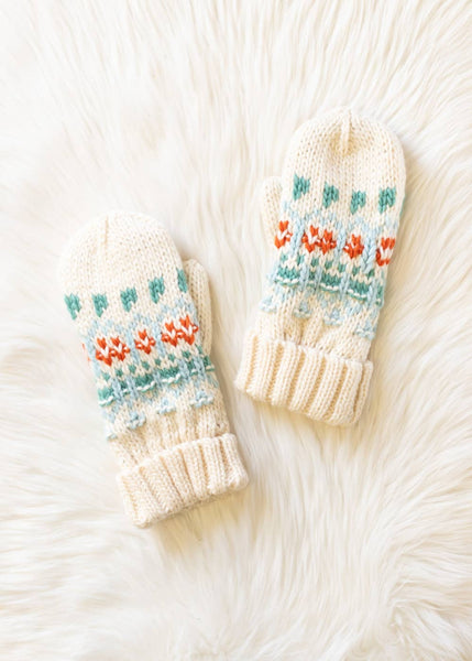Ivory, Lt. Blue, Mint & Orange Patterned Mittens