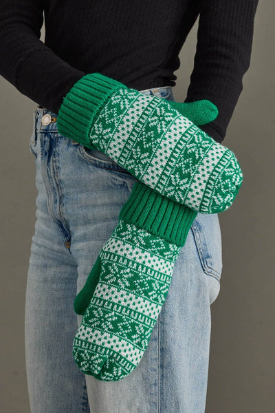 Green & White Winter Pattern Mittens