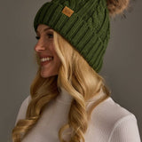 Dark Green Cable Knit Pom Hat