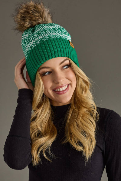 Green & White Winter Pattern Pom Hat