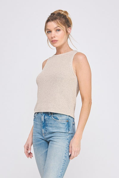 Shimmer Crew Neck Crochet Knit Tank
