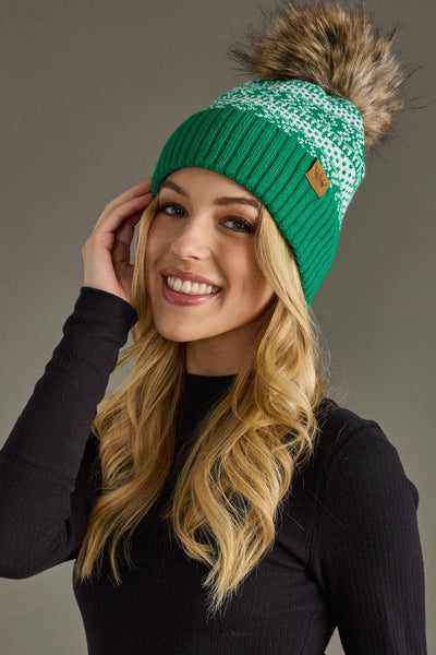 Green & White Winter Pattern Pom Hat