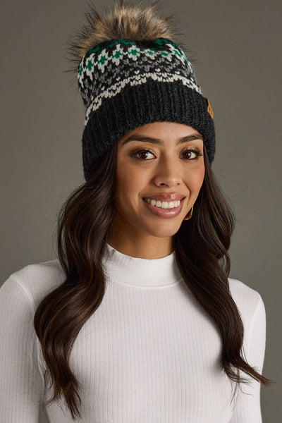 Green, Dark Gray & White Winter Pattern Pom Hat