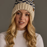 Beige, Navy & Lt. Blue Patterned Pom Hat
