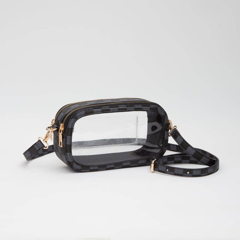 Checker Double Zipper Oval Clear Crossbody Bag