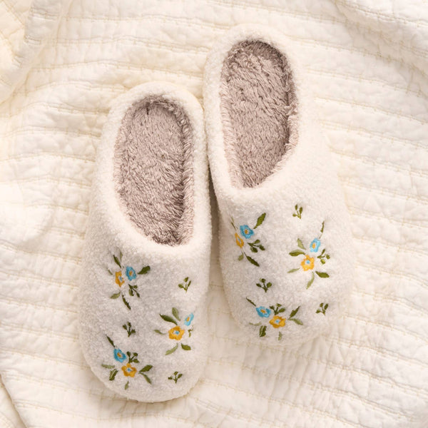 Fuzzy Slippers-Dainty Floral Blue + Yellow