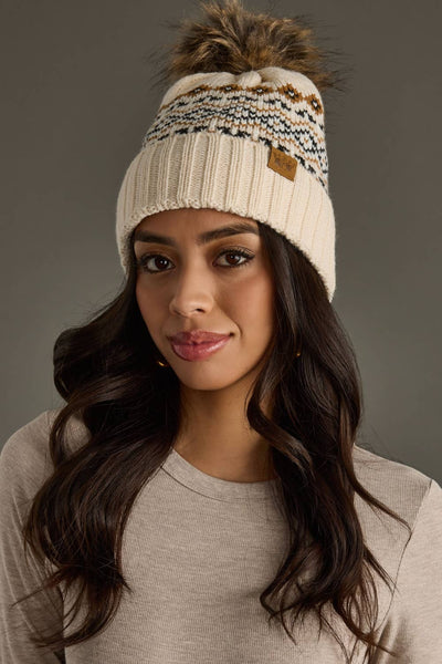 Cream, Black & Camel Patterned Pom Hat