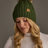 Dark Green Cable Knit Pom Hat
