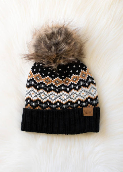 Mustard, Blue & Black Patterned Pom Hat