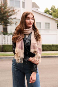 Pink Stripe Woven Tassel Scarf