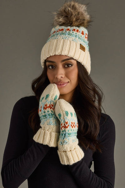 Ivory, Lt. Blue, Mint & Orange Patterned Pom Hat