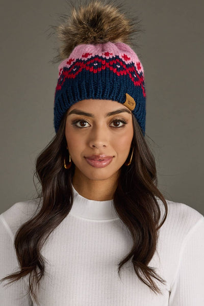 Pink, Navy & Red Patterned Pom Hat