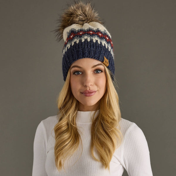 Blue, Red & Gray Patterned Pom Hat