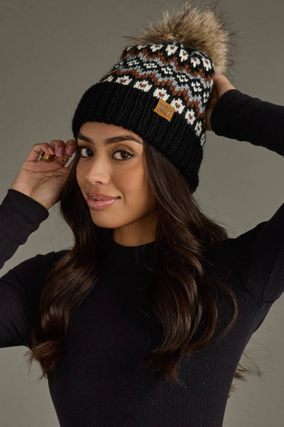 Black, White & Brown Winter Pattern Pom Hat