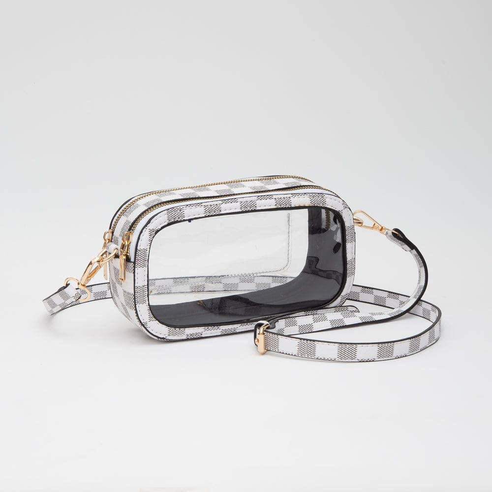 Checker Double Zipper Oval Clear Crossbody Bag