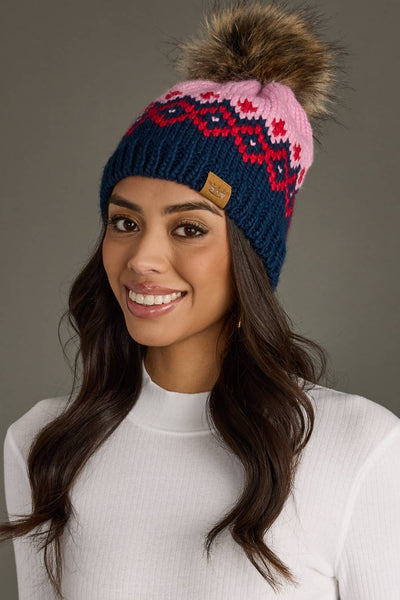 Pink, Navy & Red Patterned Pom Hat