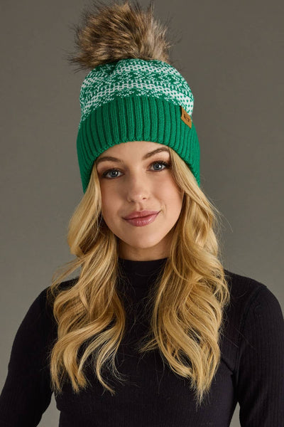 Green & White Winter Pattern Pom Hat