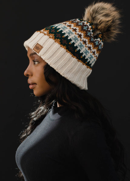 Cream & Multicolored Patterned Pom Hat