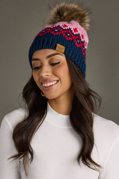 Pink, Navy & Red Patterned Pom Hat