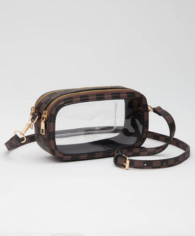 Checker Double Zipper Oval Clear Crossbody Bag