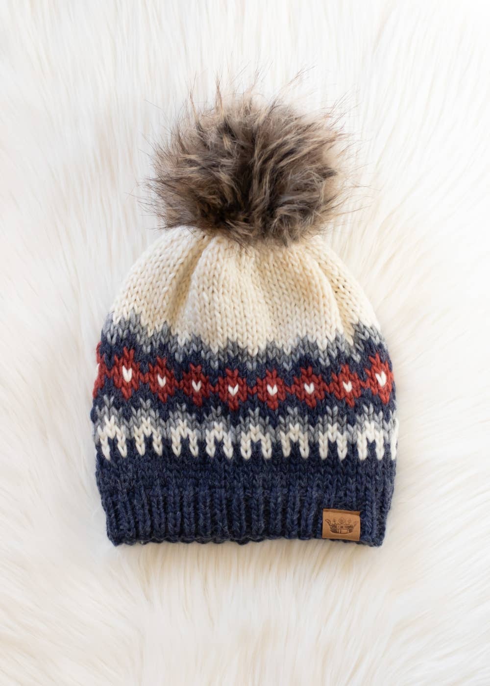 Blue, Red & Gray Patterned Pom Hat