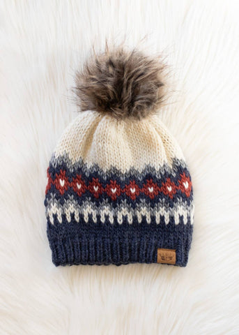 Blue, Red & Gray Patterned Pom Hat