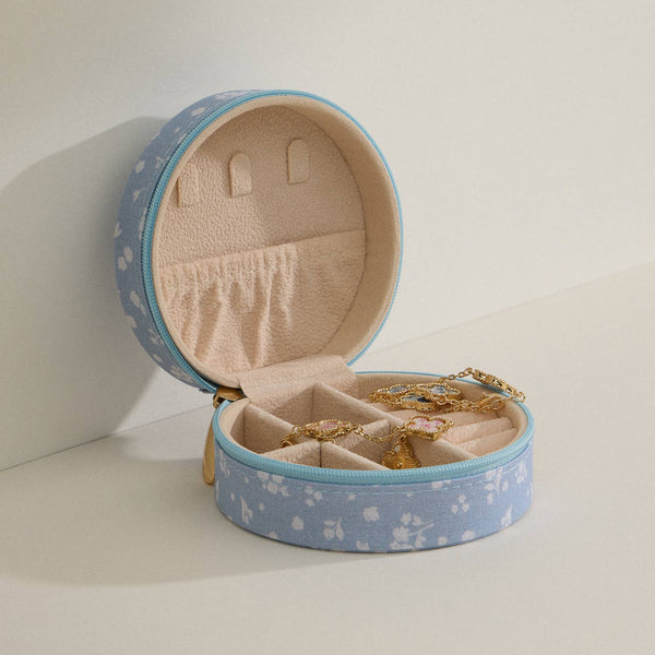 Blue Floral Cotton Travel Jewelry Box