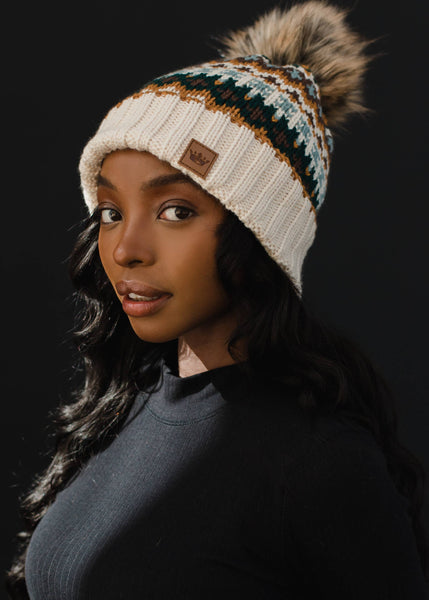 Cream & Multicolored Patterned Pom Hat
