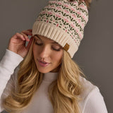 Cream & Pink Floral Pattern Pom Hat