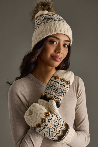 Cream, Black & Camel Patterned Mittens