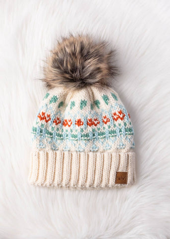 Ivory, Lt. Blue, Mint & Orange Patterned Pom Hat