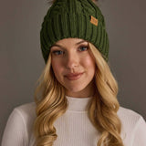 Dark Green Cable Knit Pom Hat