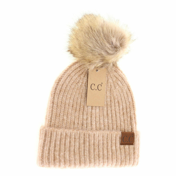 Soft Ribbed Fur Pom C.C Beanie - 4 colors