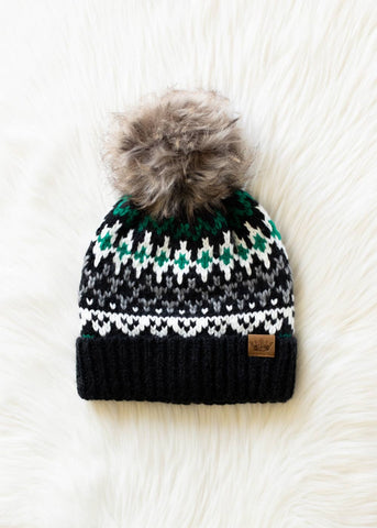 Green, Dark Gray & White Winter Pattern Pom Hat