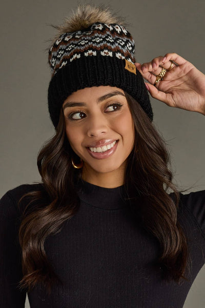 Black, White & Brown Winter Pattern Pom Hat