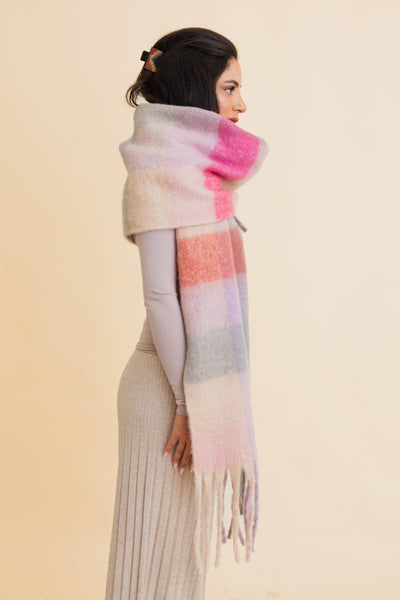 Pink Cozy Stripe Oversized Fringe Scarf